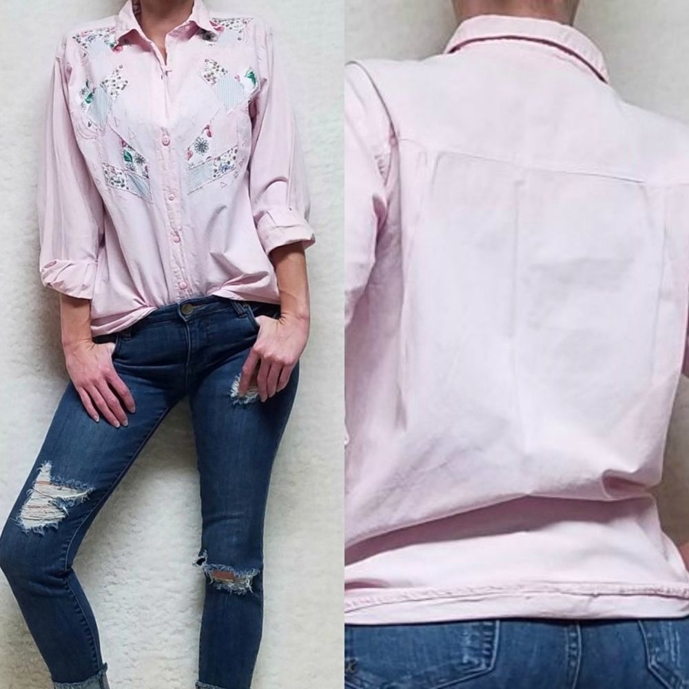 VINTAGE 1980s Bonjour Pink Cotton Retro Print Patchwork Beaded Button Up Blous